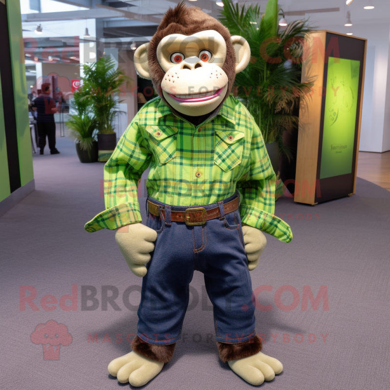 Lime Green Chimpanzee mascot costume character dressed with a Flannel Shirt and Pocket squares