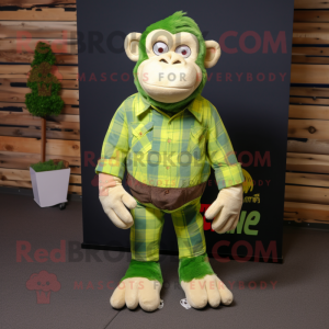 Lime Green Chimpanzee mascot costume character dressed with a Flannel Shirt and Pocket squares