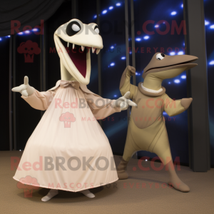 Beige Pterodactyl mascot costume character dressed with a Ball Gown and Ties