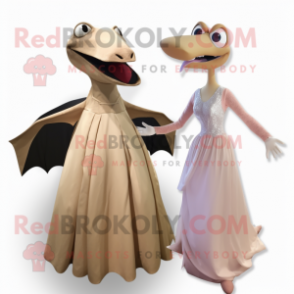 Beige Pterodactyl mascot costume character dressed with a Ball Gown and Ties