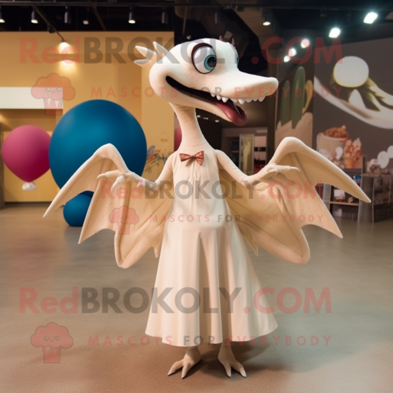 Beige Pterodactyl mascot costume character dressed with a Ball Gown and Ties Beige Pterodactyl mascot costume character dressed with a Ball Gown and Ties