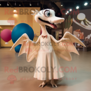 Beige Pterodactyl mascot costume character dressed with a Ball Gown and Ties