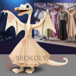 Beige Pterodactyl mascot costume character dressed with a Ball Gown and Ties
