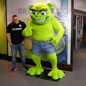 Lime Green Ogre mascot costume character dressed with a Skinny Jeans and Watches