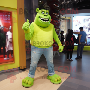 Lime Green Ogre mascot costume character dressed with a Skinny Jeans and Watches