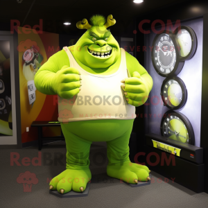 Lime Green Ogre mascot costume character dressed with a Skinny Jeans and Watches