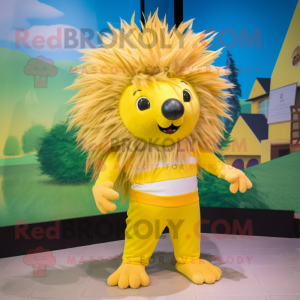 Yellow Porcupine mascot costume character dressed with a Capri Pants and Hair clips