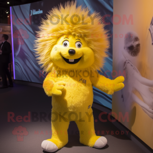 Yellow Porcupine mascot costume character dressed with a Capri Pants and Hair clips