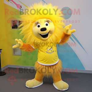 Yellow Porcupine mascot costume character dressed with a Capri Pants and Hair clips