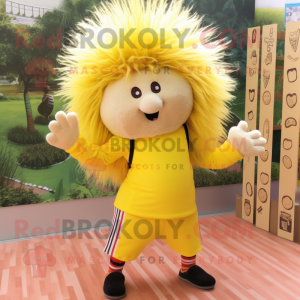 Yellow Porcupine mascot costume character dressed with a Capri Pants and Hair clips