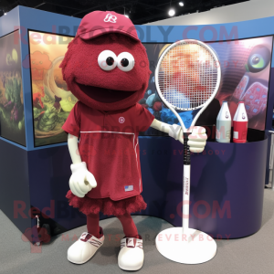 Maroon Tennis Racket mascot costume character dressed with a Button-Up Shirt and Earrings
