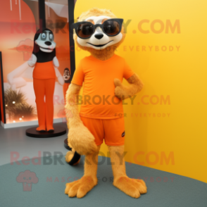 Orange Meerkat mascot costume character dressed with a Leggings and Eyeglasses