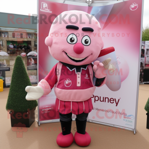 Pink Plum mascot costume character dressed with a Rugby Shirt and Wallets