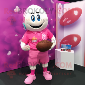 Pink Plum mascot costume character dressed with a Rugby Shirt and Wallets
