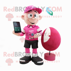 Pink Plum mascot costume character dressed with a Rugby Shirt and Wallets