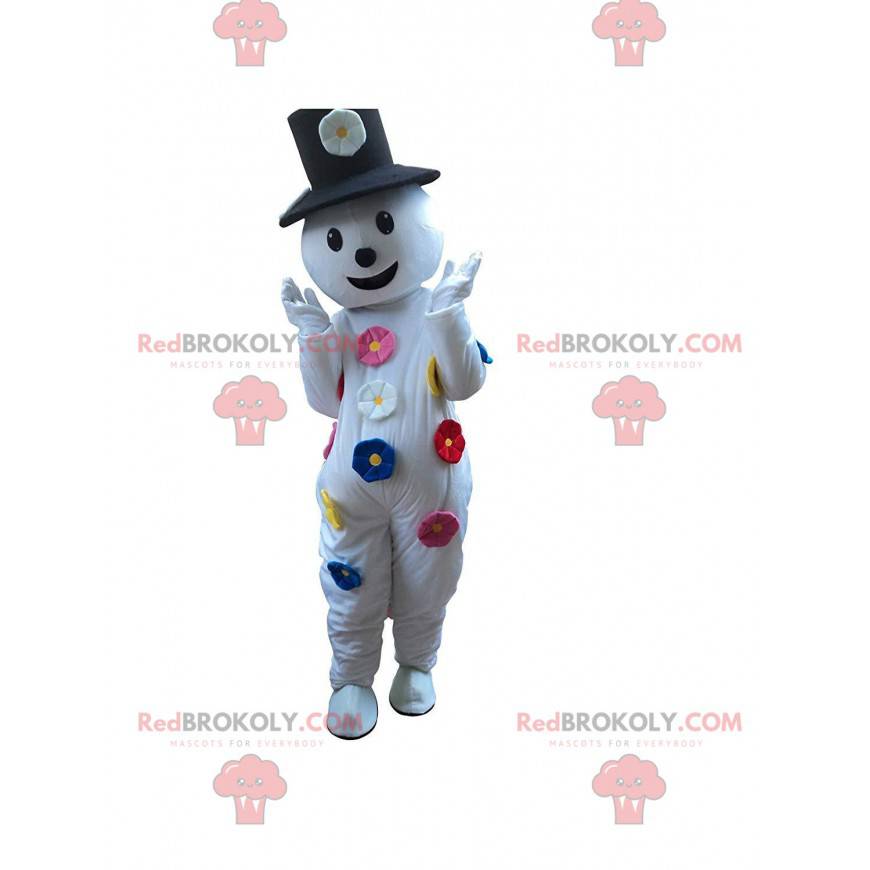 Mascotte de bonhomme de neige avec des fleurs et un chapeau -