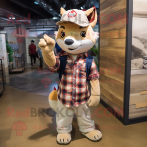 Beige Fox mascot costume character dressed with a Flannel Shirt and Beanies