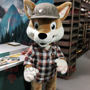 Beige Fox mascot costume character dressed with a Flannel Shirt and Beanies