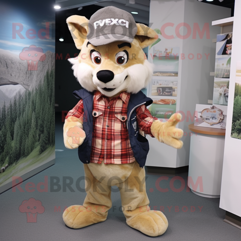 Beige Fox mascot costume character dressed with a Flannel Shirt and Beanies