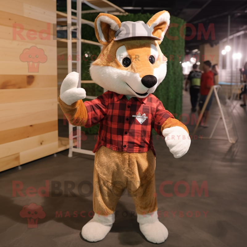 Beige Fox mascot costume character dressed with a Flannel Shirt and Beanies