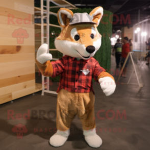 Beige Fox mascot costume character dressed with a Flannel Shirt and Beanies