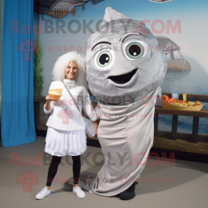 Silver Fish And Chips mascot costume character dressed with a Dress Pants and Wraps