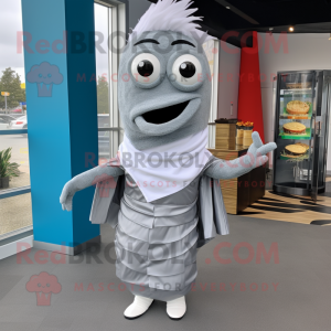 Silver Fish And Chips mascot costume character dressed with a Dress Pants and Wraps