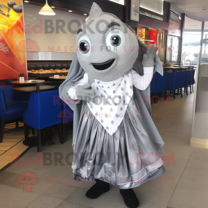 Silver Fish And Chips mascot costume character dressed with a Dress Pants and Wraps