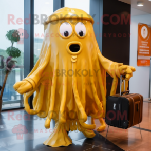 Gold Jellyfish mascot costume character dressed with a Raincoat and Briefcases