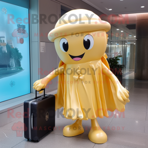 Gold Jellyfish mascot costume character dressed with a Raincoat and Briefcases