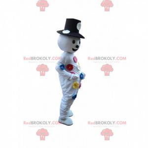 Mascote do boneco de neve com flores e um chapéu -