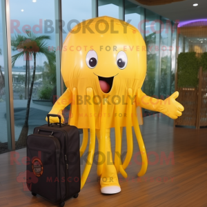 Gold Jellyfish mascot costume character dressed with a Raincoat and Briefcases