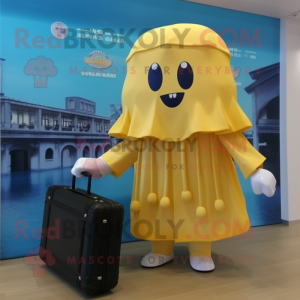 Gold Jellyfish mascot costume character dressed with a Raincoat and Briefcases