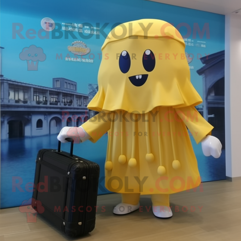 Gold Jellyfish mascot costume character dressed with a Raincoat and Briefcases Gold Jellyfish mascot costume character dressed with a Raincoat and Briefcases
