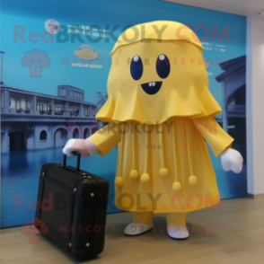 Gold Jellyfish mascot costume character dressed with a Raincoat and Briefcases