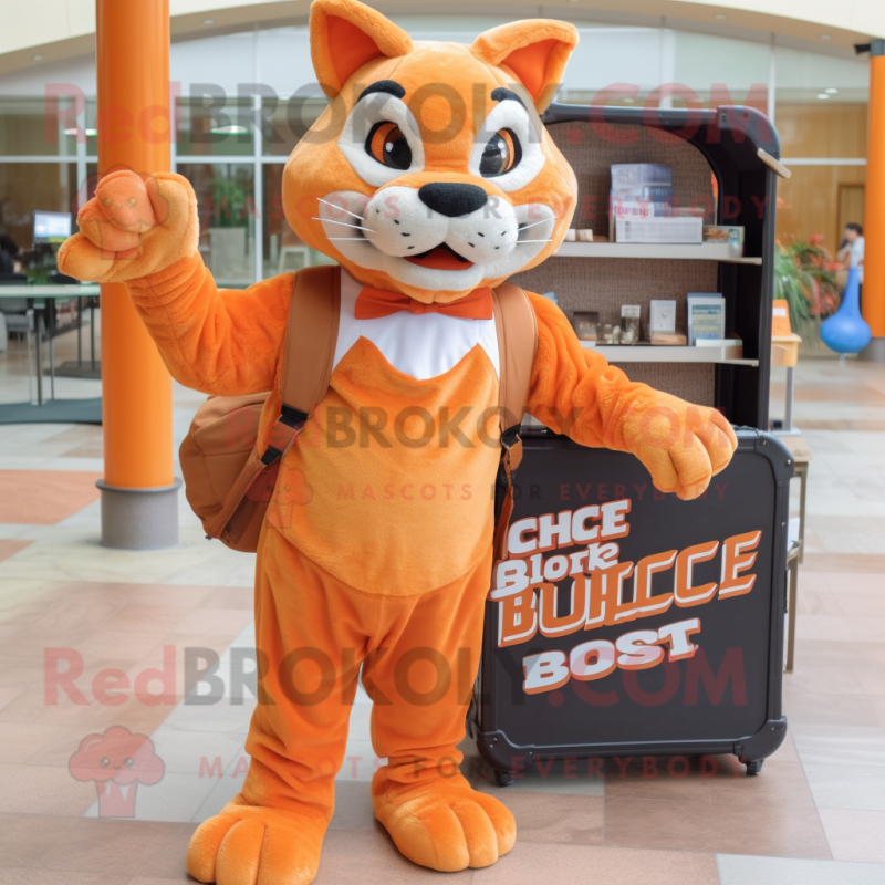 Orange Bobcat mascot costume character dressed with a Cover-up and Briefcases