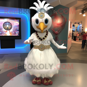 White Turkey mascot costume character dressed with a Circle Skirt and Earrings