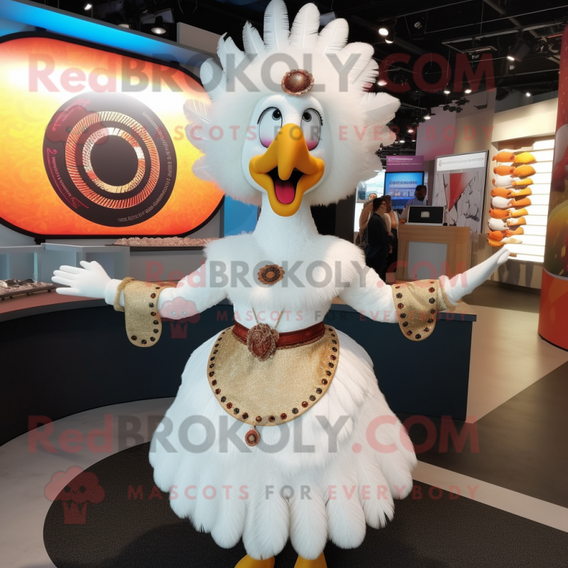 White Turkey mascot costume character dressed with a Circle Skirt and Earrings