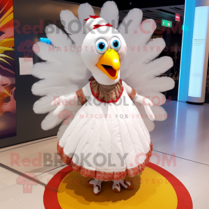 White Turkey mascot costume character dressed with a Circle Skirt and Earrings