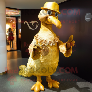 Gold Dodo Bird mascot costume character dressed with a Empire Waist Dress and Caps