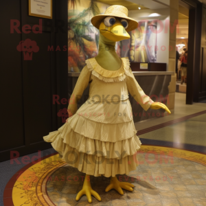 Gold Dodo Bird mascot costume character dressed with a Empire Waist Dress and Caps