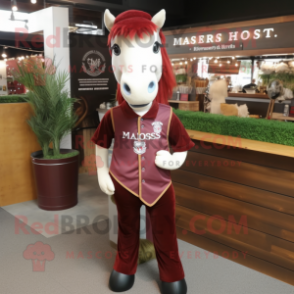 Maroon Mare mascot costume character dressed with a Henley Tee and Suspenders