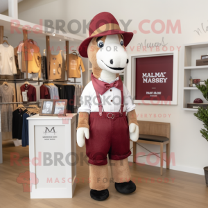 Maroon Mare mascot costume character dressed with a Henley Tee and Suspenders