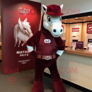 Maroon Mare mascot costume character dressed with a Henley Tee and Suspenders