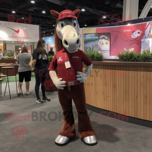 Maroon Mare mascot costume character dressed with a Henley Tee and Suspenders