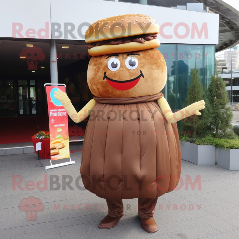 Brown Hamburger mascot costume character dressed with a Evening Gown and Earrings Brown Hamburger mascot costume character dressed with a Evening Gown and Earrings