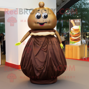 Brown Hamburger mascot costume character dressed with a Evening Gown and Earrings