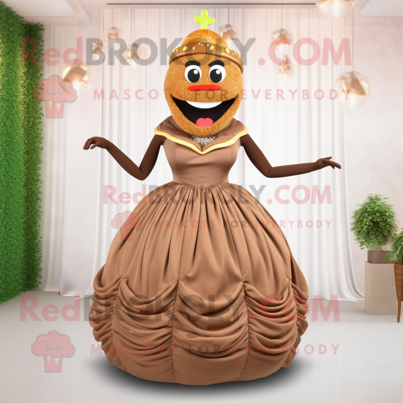 Brown Hamburger mascot costume character dressed with a Evening Gown and Earrings Brown Hamburger mascot costume character dressed with a Evening Gown and Earrings