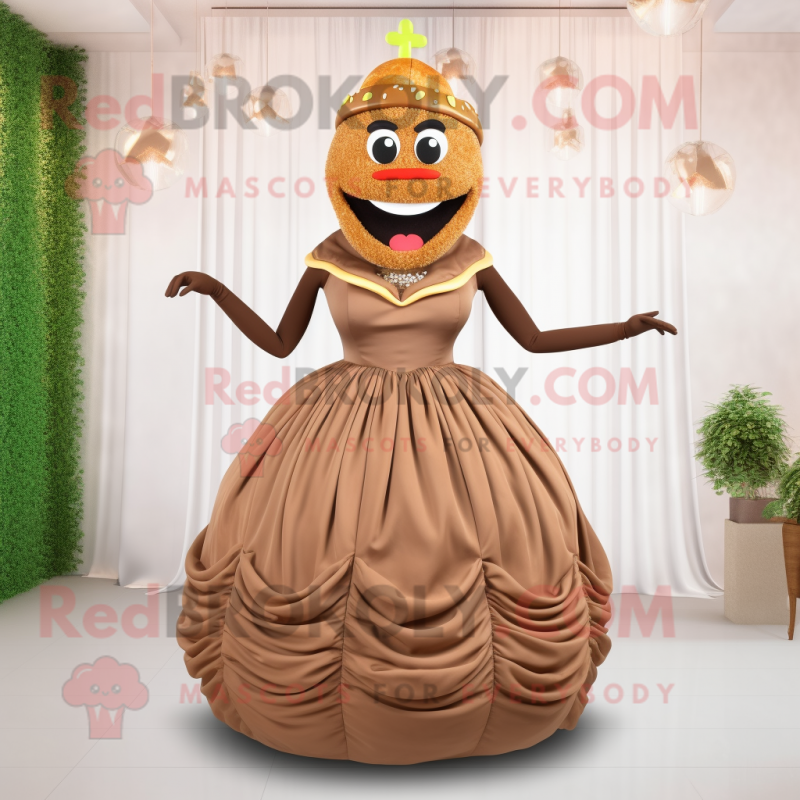 Brown Hamburger mascot costume character dressed with a Evening Gown and Earrings