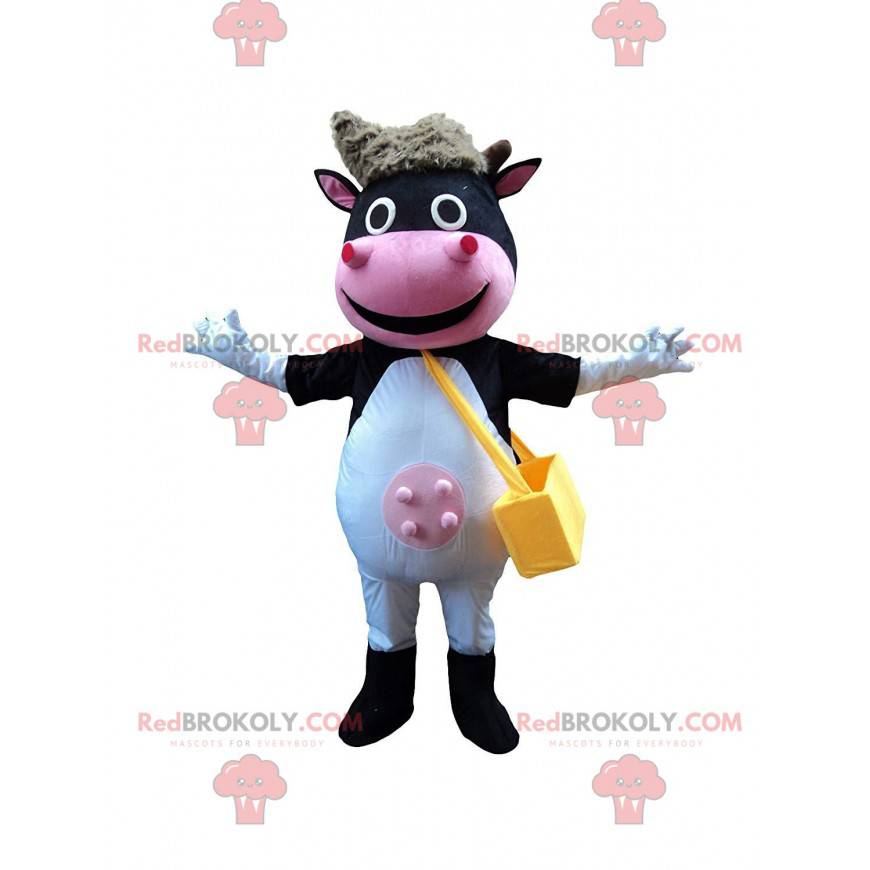 Allegro mascotte della mucca, sorridente costume della mucca -